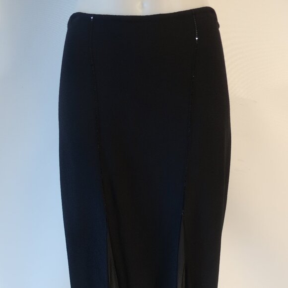 Womens St. John Evening Black Sequin Mixed Media Mesh Knit A-Line Skirt 12 - Picture 2 of 13